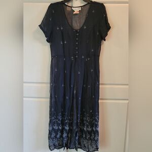 Vintage Victoria Holley Navy White Embroidered Sheer Mesh Duster Dress